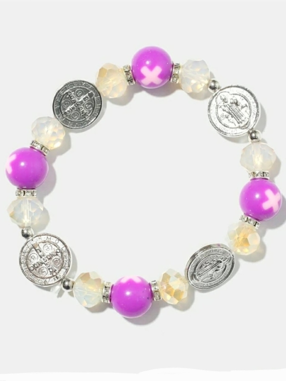 Stretchable Catholic One-Decade Rosary Bracelet W/ Purple Beads & More BNIB
